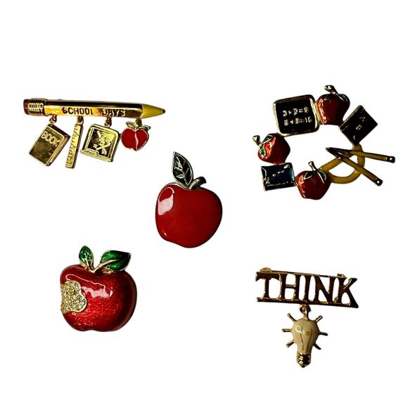 VTG Lot (5) Teacher Education Brooches Pins Apples Pencil Think Lightbulb Books - Picture 1 of 4